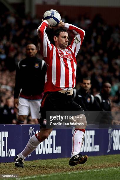 Rory Delap of Stoke takes a shortened run up for his throw in due to extra advertising boards being placed around the pitch during the Barclays...