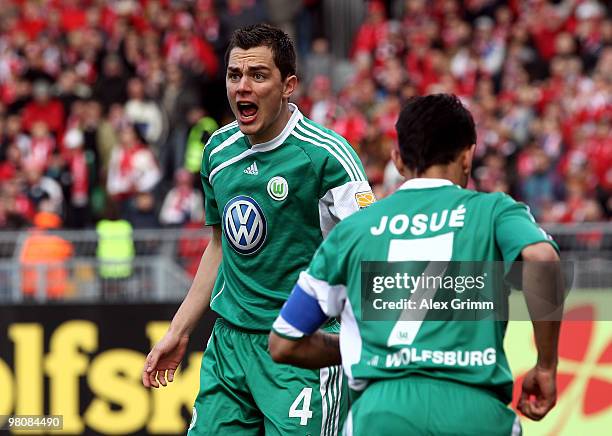 Marcel Schaefer of Wolfsburg reacts during the Bundesliga match between FSV Mainz 05 and VfL Wolfsburg at the Bruchweg Stadium on March 27, 2010 in...