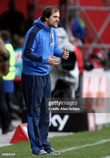 Head coach Thomas Tuchel of Mainz reacts during the Bundesliga match between FSV Mainz 05 and VfL Wolfsburg at the Bruchweg Stadium on March 27, 2010...