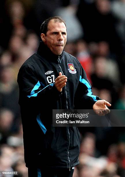 Gianfranco Zola, the West Ham manager encourages his team during the Barclays Premier League match between West Ham United and Stoke City at the...