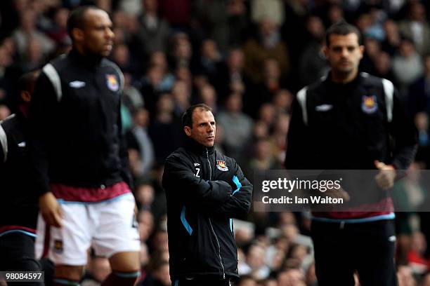 Gianfranco Zola, the West Ham manager looks on during the Barclays Premier League match between West Ham United and Stoke City at the Boleyn Ground...