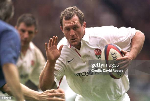 Richard Hill of England charges towards the French defence during the Six Nations match between England and France played at Twickenham in London....