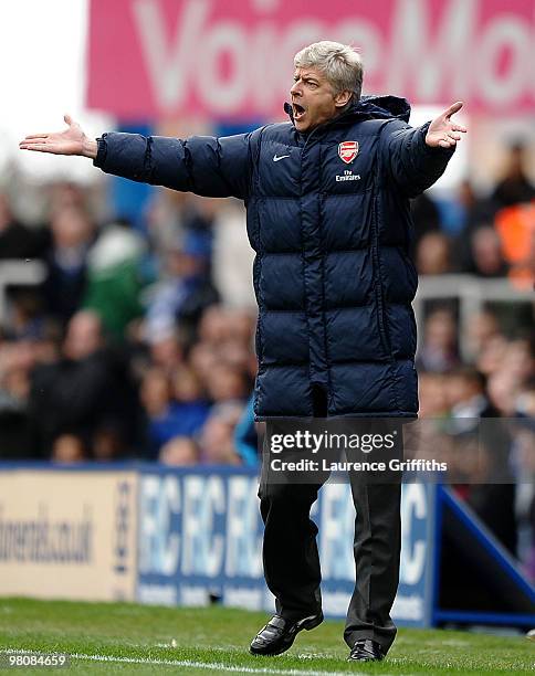 Arsene Wenger of Arsenal makes his feelings known from the touchline during the Barclays Premier League match between Birmingham City and Arsenal at...