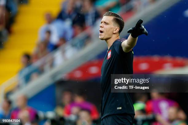 Goalkeeper Wojciech Szczesny of Poland gestures during the 2018 FIFA World Cup Russia group H match between Poland and Senegal at Spartak Stadium on...