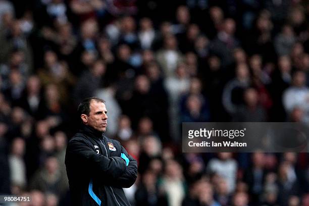 Gianfranco Zola the West Ham manager looks on during the Barclays Premier League match between West Ham United and Stoke City at the Boleyn Ground on...
