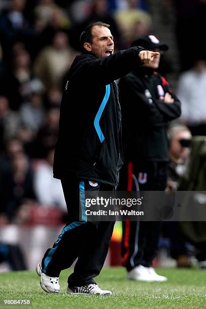 Gianfranco Zola the West Ham manager reacts during the Barclays Premier League match between West Ham United and Stoke City at the Boleyn Ground on...