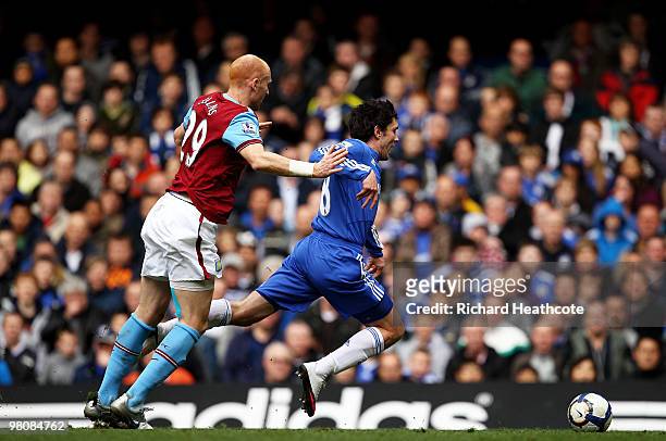 Yury Zhirkov of Chelsea goes to ground after a challenge by James Collins of Aston Villa leading to a penalty during the Barclays Premier League...