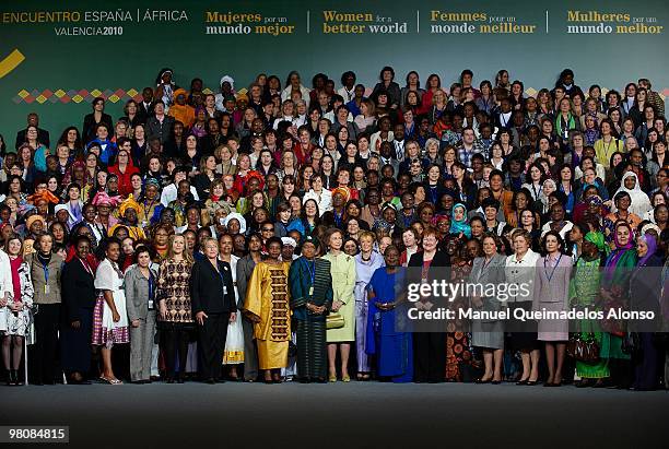 From center, left: UN Deputy Secretary General Asha-Rose Migiro, Liberian President Ellen Johnson-Sirleaf, Spanish Queen Sofia, Spanish Vice...
