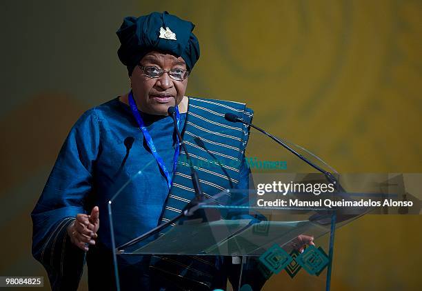 Liberian President Ellen Johnson-Sirleaf attends the opening of the two-day conference on 'Spanish and African Women for a Better World' on March 27,...