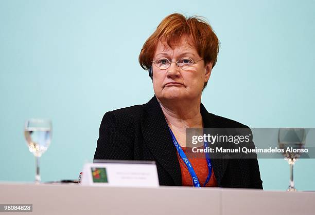 Finnish President Tarja Halonen attends the opening of the two-day conference on 'Spanish and African Women for a Better World' on March 27, 2010 in...