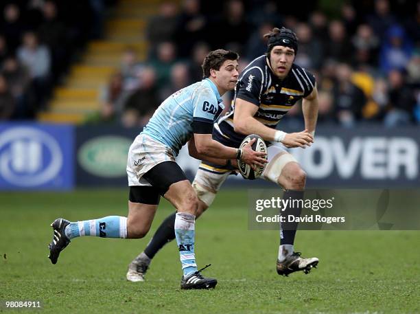 Ben Youngs of Leicester passes the ball during the Guinness Premiership match between Worcester Warriors and Leicester Tigers at Sixways on March 27,...