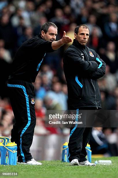 Gianfranco Zola the West Ham manager and Steve Clarke the West Ham assistant coach look on from the sidelines during the Barclays Premier League...