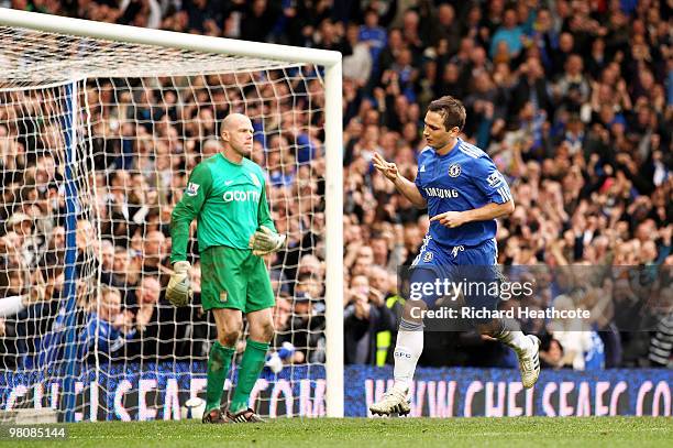 Frank Lampard of Chelsea celebrates his third goal past past Brad Friedel of Aston Villa during the Barclays Premier League match between Chelsea and...
