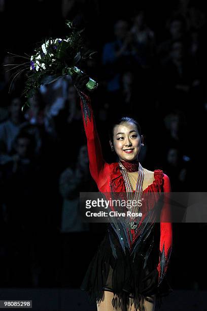 Mao Asada of Japan poses with her Gold medal on the podium after winning the Ladies Free Skate during the 2010 ISU World Figure Skating Championships...