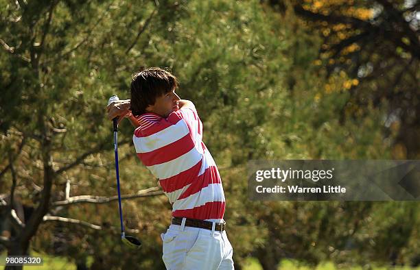 Robert-Jan Derksen of Holland plays his second shot into the 14th green during the third round of the Open de Andalucia 2010 at Parador de Malaga...