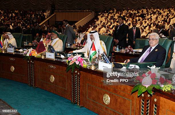 In this handout image supplied by the Palestinian Press Office , Palestinian President Mahmoud Abbas is seen on the first day of the Arab Summit in...