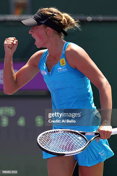 Yanina Wickmayer of Belgium reacts after defeating Petra Martic of Croatia during day five of the 2010 Sony Ericsson Open at Crandon Park Tennis...