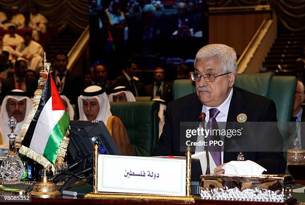 In this handout image supplied by the Palestinian Press Office , Palestinian President Mahmoud Abbas is seen on the first day of the Arab Summit in...