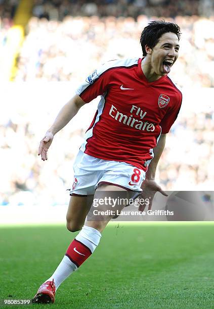 Samir Nasri of Arsenal celebrates scoring during the Barclays Premier League match between Birmingham City and Arsenal at St. Andrews Stadium on...