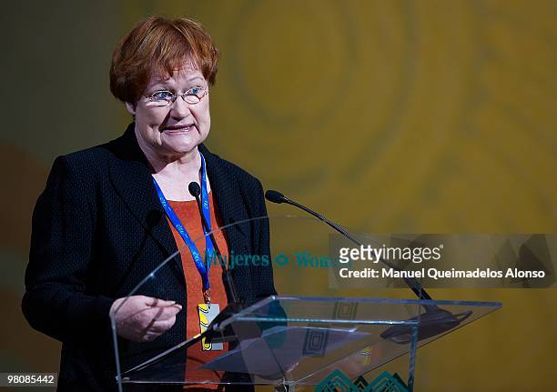 Finnish President Tarja Halonen attends the opening of the two-day conference on 'Spanish and African Women for a Better World' on March 27, 2010 in...