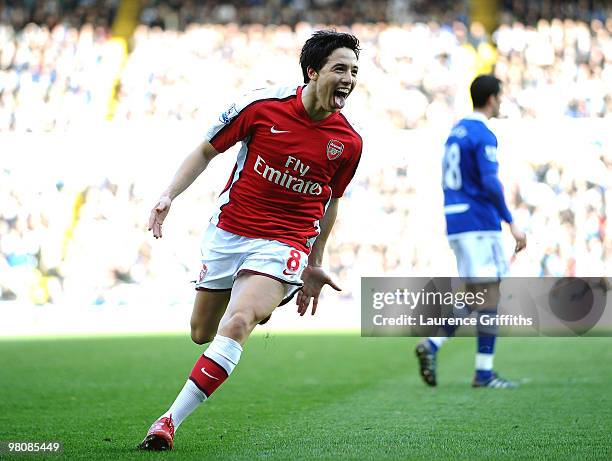 Samir Nasri of Arsenal celebrates scoring during warm up during the Barclays Premier League match between Birmingham City and Arsenal at St. Andrews...