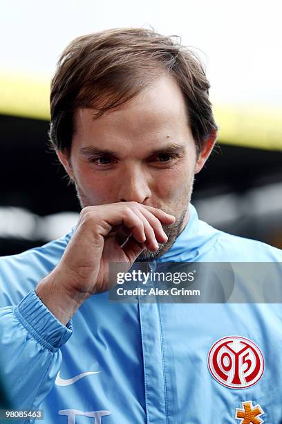 Head coach Thomas Tuchel of Mainz reacts before the Bundesliga match between FSV Mainz 05 and VfL Wolfsburg at the Bruchweg Stadium on March 27, 2010...