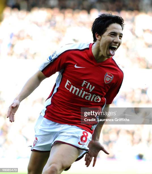 Samir Nasri of Arsenal celebrates scoring during the Barclays Premier League match between Birmingham City and Arsenal at St. Andrews Stadium on...