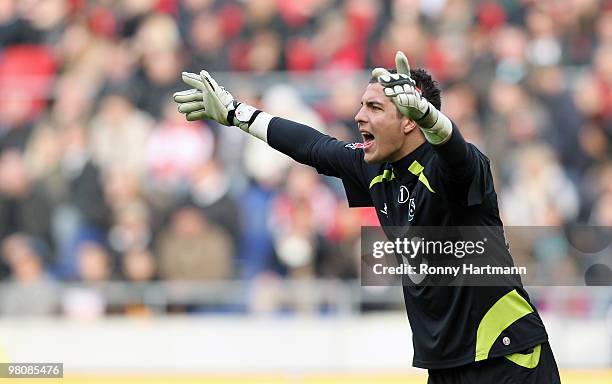 Goalkeeper Florian Fromlowitz of Hannover gestures during the Bundesliga match between Hannover 96 and 1. FC Koeln at AWD Arena on March 27, 2010 in...