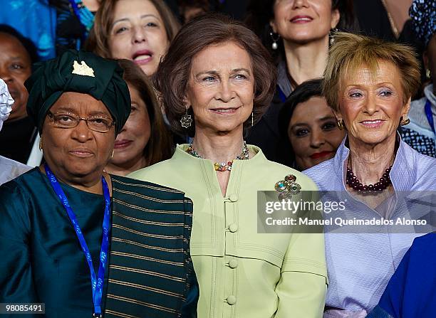 From center, left: Liberian President Ellen Johnson-Sirleaf , Spanish Queen Sofia, and Spanish Vice President Maria Teresa Fernandez de la Vega pose...