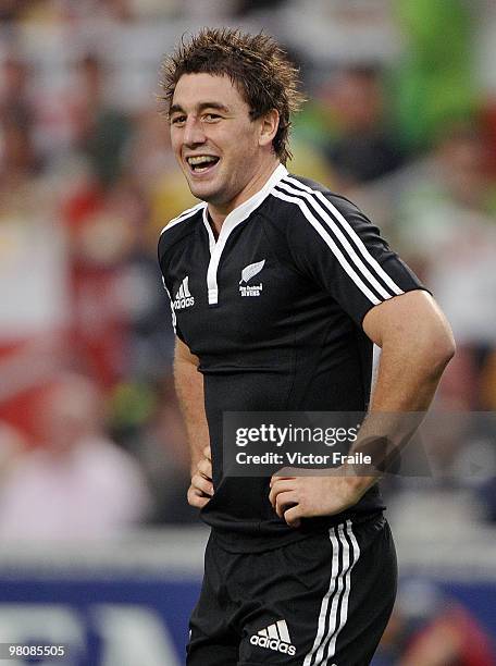 Kurt Baker of New Zealand smiles after scoring a try against Scotland on day two of the IRB Hong Kong Sevens on March 27, 2010 in Hong Kong.