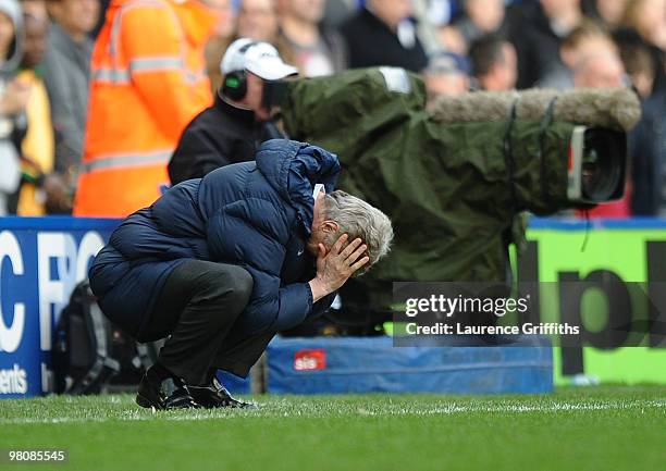 Arsene Wenger of Arsenal shows his dispair as Birmingham City score and equaliser during the Barclays Premier League match between Birmingham City...