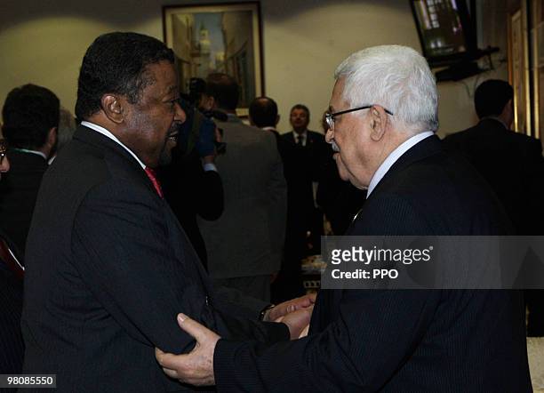 In this handout image supplied by the Palestinian Press Office , Palestinian President Mahmoud Abbas talking to President of the Republic of Djibouti...