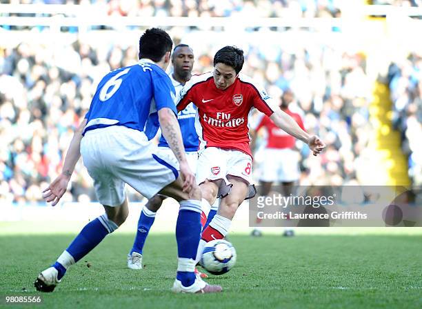 Samir Nasri of Arsenal scores during the Barclays Premier League match between Birmingham City and Arsenal at St. Andrews Stadium on March 27, 2010...