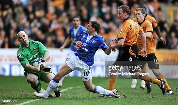 Marcus Hahnemann of Wolves makes a save to keep out Dan Gosling of Everton as Jody Craddock looks on during the Barclays Premier League match between...