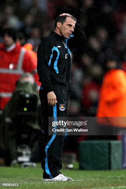 Dejected Gianfranco Zola the West Ham manager looks on following his team's 1-0 defeat during the Barclays Premier League match between West Ham...