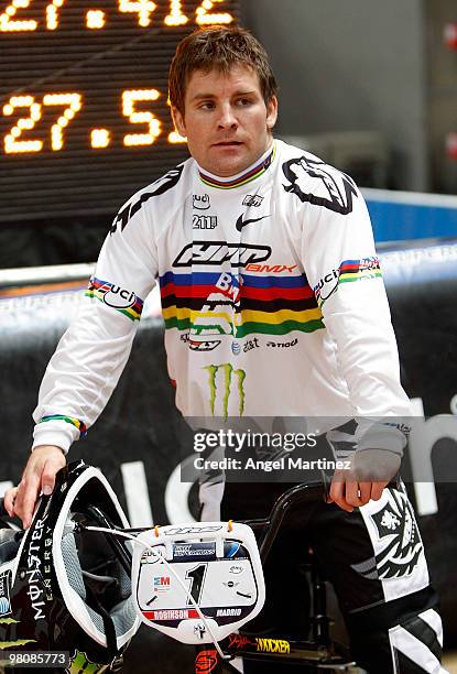 Donny Robinson of United States looks on during the Elite Men's time trials qualification during the UCI BMX Supercross World Cup at Palacio Deportes...