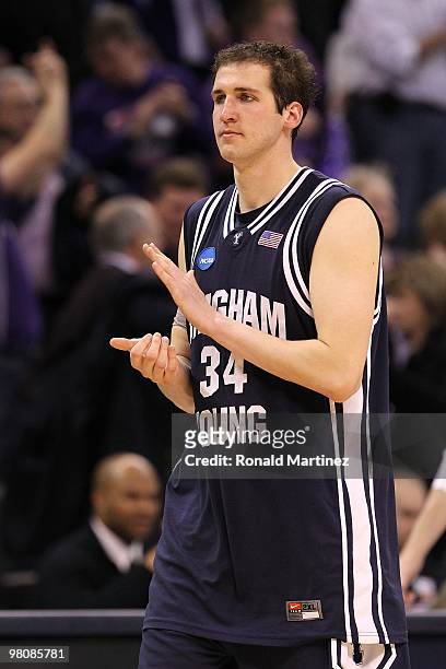 Noah Hartsock of the Brigham Young Cougars reacts against the Kansas State Wildcats during the second round of the 2010 NCAA men's basketball...