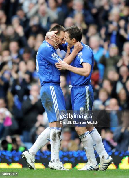 Frank Lampard of Chelsea celebrates scoring his third goal with John Terry during the Barclays Premier League match between Chelsea and Aston Villa...