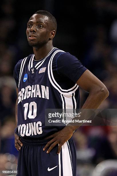 Michael Loyd Jr. #10 of the Brigham Young Cougars looks on against the Kansas State Wildcats during the second round of the 2010 NCAA men's...