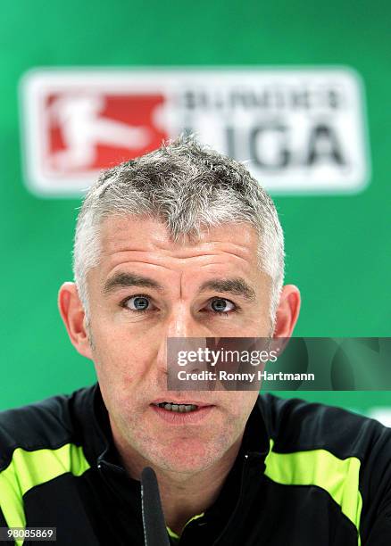 Head coach Mirko Slomka of Hannover looks on after the Bundesliga match between Hannover 96 and 1. FC Koeln at AWD Arena on March 27, 2010 in...