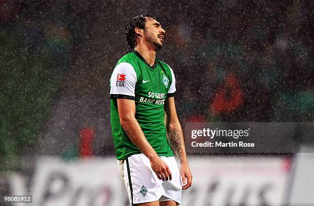 Hugo Almeida of Bremen reacts during the Bundesliga match between Werder Bremen and 1. FC Nuernberg at the Weser Stadium on March 27, 2010 in Bremen,...