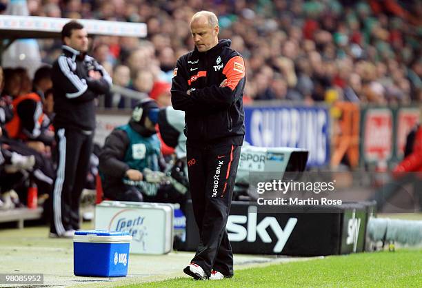 Thomas Schaaf, head coach of Bremen reacts during the Bundesliga match between Werder Bremen and 1. FC Nuernberg at the Weser Stadium on March 27,...