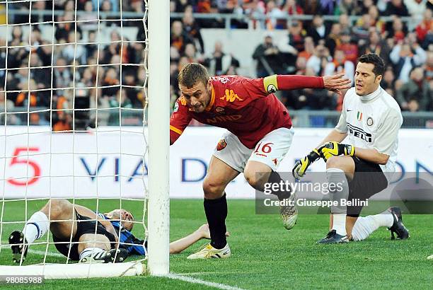 Daniele De Rossi of Roma celebrates the opening goal during the Serie A match between AS Roma and FC Internazionale Milano at Stadio Olimpico on...