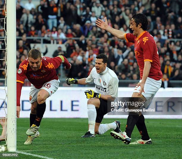 Daniele De Rossi of Roma celebrates the opening goal during the Serie A match between AS Roma and FC Internazionale Milano at Stadio Olimpico on...