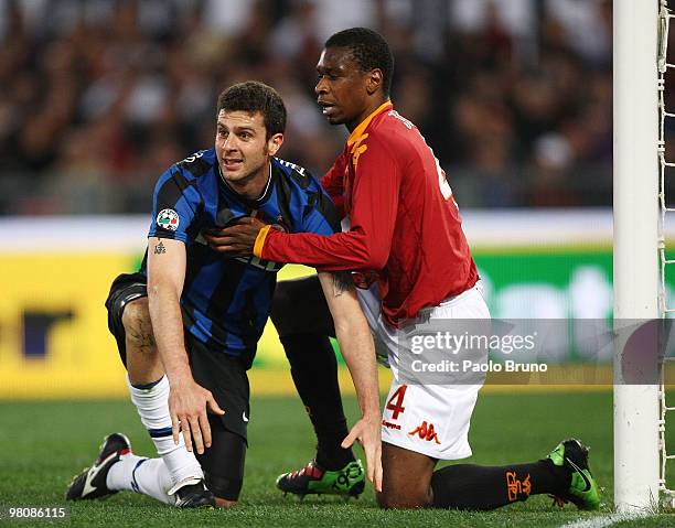 Juan of AS Roma and Thiago Motta of FC Internazionale Milano on the ground during the Serie A match between AS Roma and FC Internazionale Milano at...