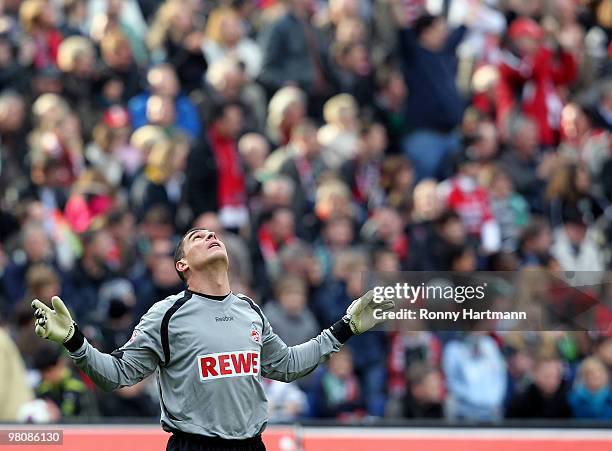 Goalkeeper Faryd Mondragon of Koeln gestures during the Bundesliga match between Hannover 96 and 1. FC Koeln at AWD Arena on March 27, 2010 in...