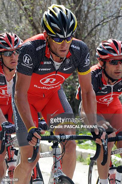 Radioshack team's US Lance Armstrong rides during the first stage of the Criterium International cycling race on March 27, 2010 Porto-Vecchio,...