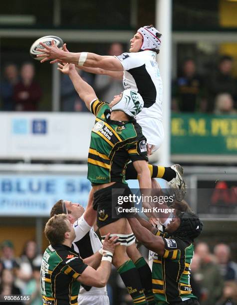 Juandre Kruger of Northampton competes for the line-out ball with Dan Ward-Smith of Wasps during the Guinness Premiership match between Northampton...