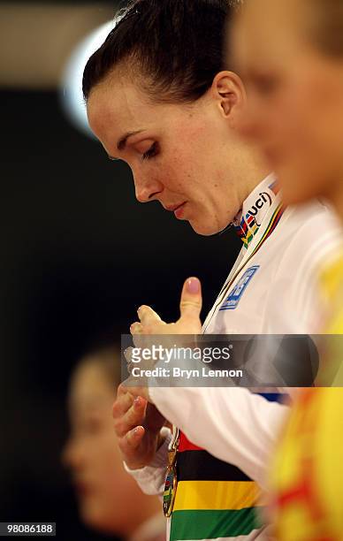 Victoria Pendleton of Great Britain receives her gold medal after winning the Women's Sprint on day four of the UCI Track Cycling World Championships...