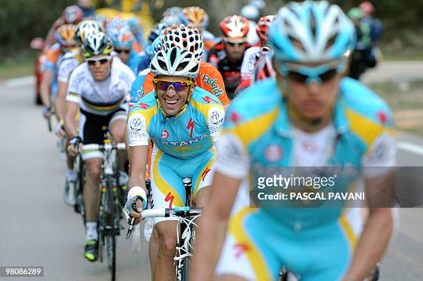 Astana team's Alberto Contador of Spain rides during the first stage of the Criterium International cycling race on March 27, 2010 Porto-Vecchio,...